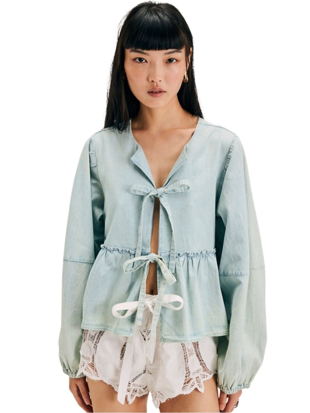 Free People Light Blue Tie-Front Peplum Top